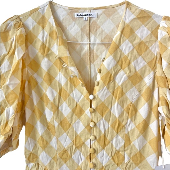 NEW Reformation Laylin Yellow White Gingham Checker Mini Dress Flare Large - Picture 3 of 9